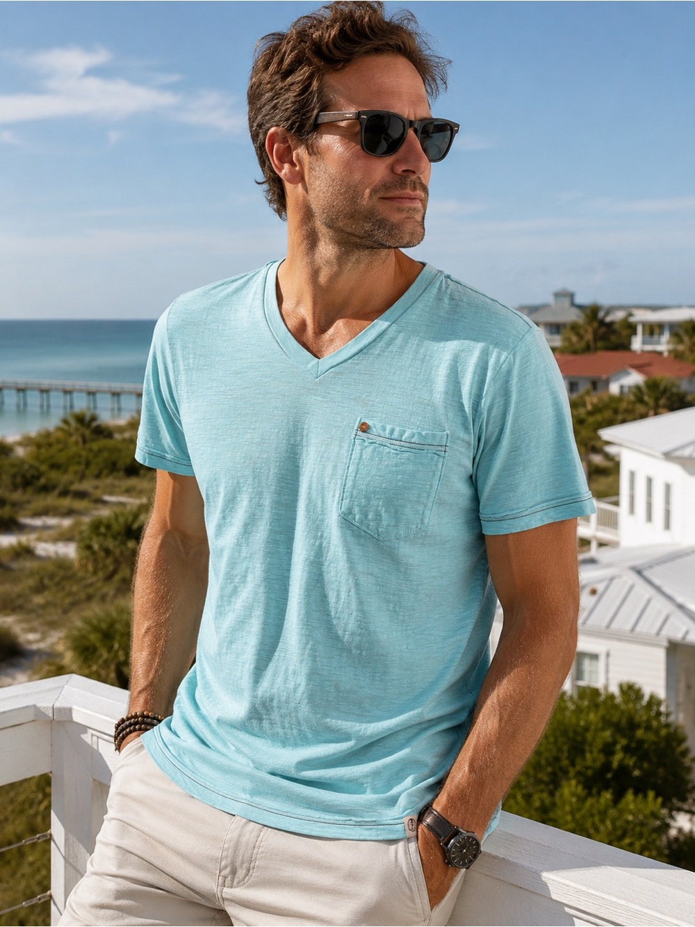 Free Planet Men’s V-Neck Pocket T-Shirt – Size Medium – Light Aqua Blue